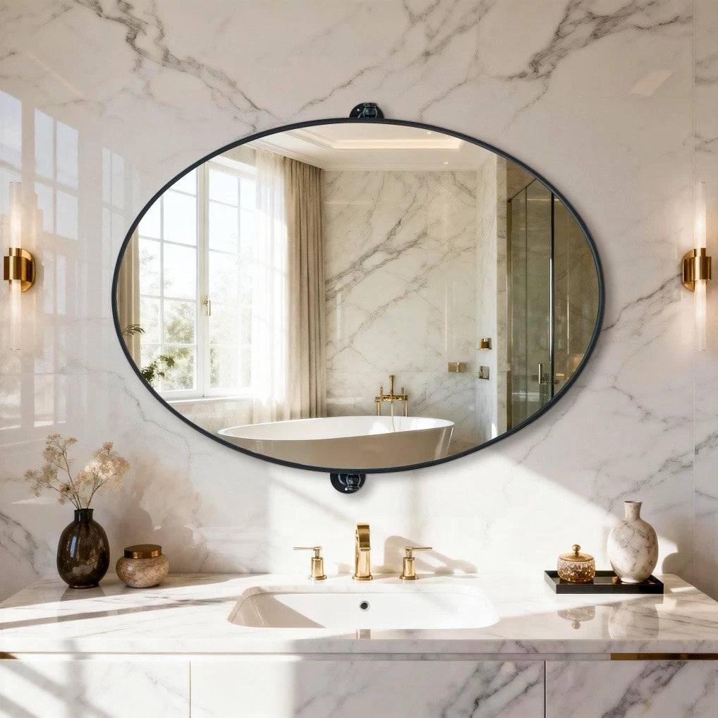 Matte Black Pivot Oval Wall Mirror - Tilting Bathroom Mirror (Horizontal / Vertical)