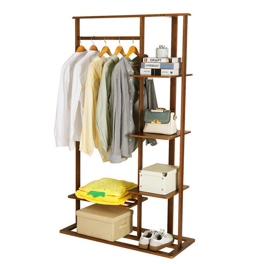 P&P 6 Tier Ladder Strong Wooden Clothes Rail Garment Rack with Top Rod Hanging Shelf