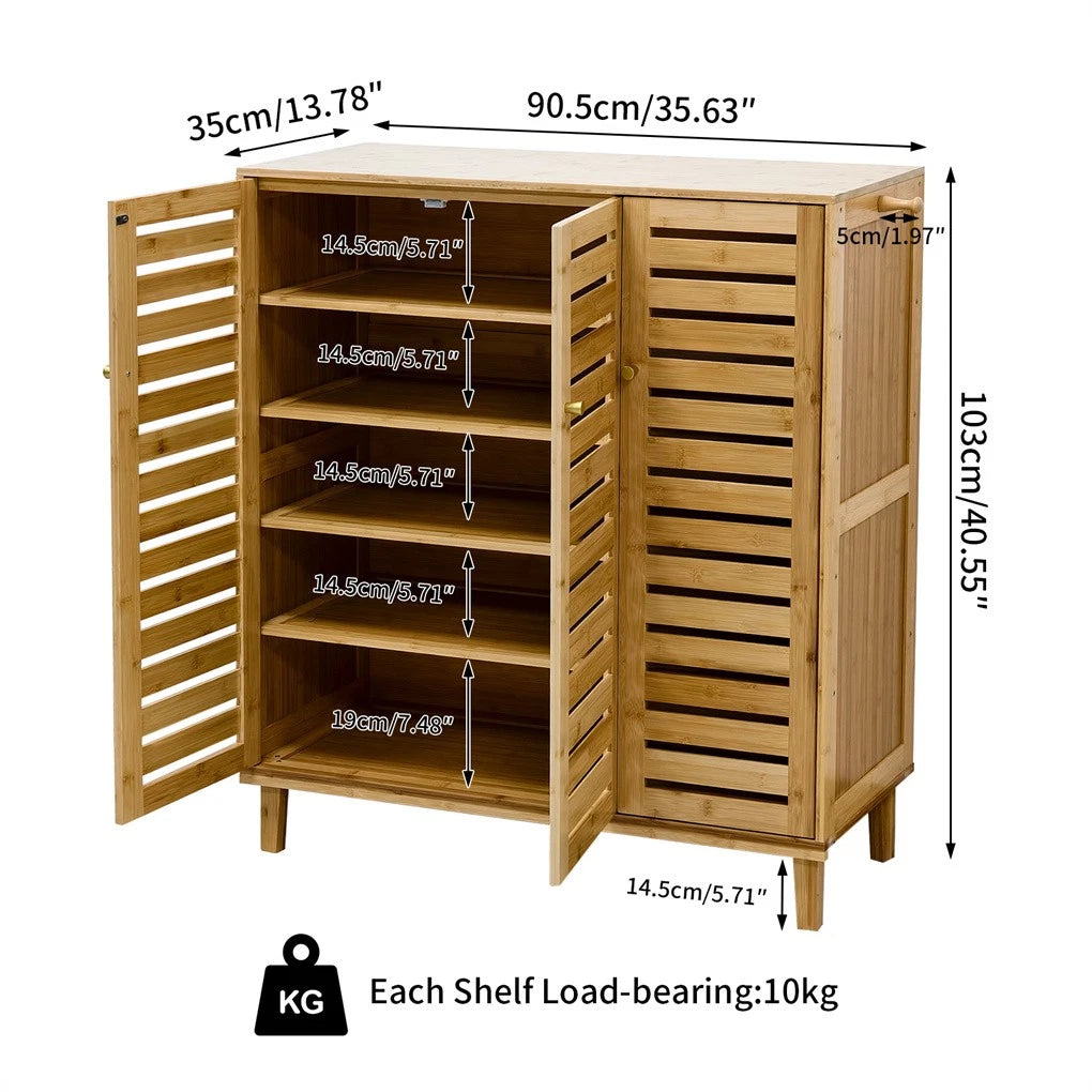 5-Tier Ventilated Shoe Organizer Cabinet Freestanding Bamboo Shoe Storage Rack