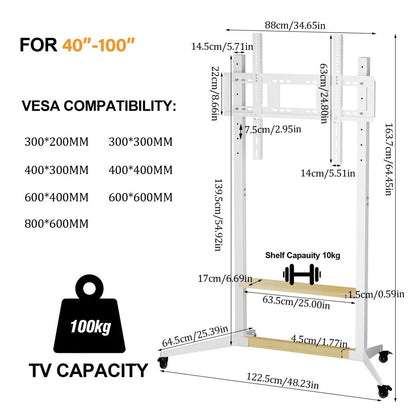 Height Adjustable Steel TV Stand on Wheels - Heavy Duty Mobile Floor Mount Cart for 40�100 Inch TVs, 100kg Capacity