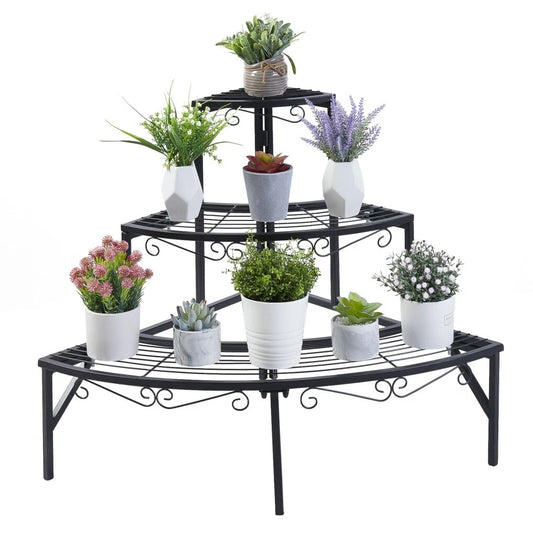 3 Tier Metal Plant Stand Corner Flower Pot Display Rack Indoor Outdoor Flower Shelf Black Iron Ladder Organizer