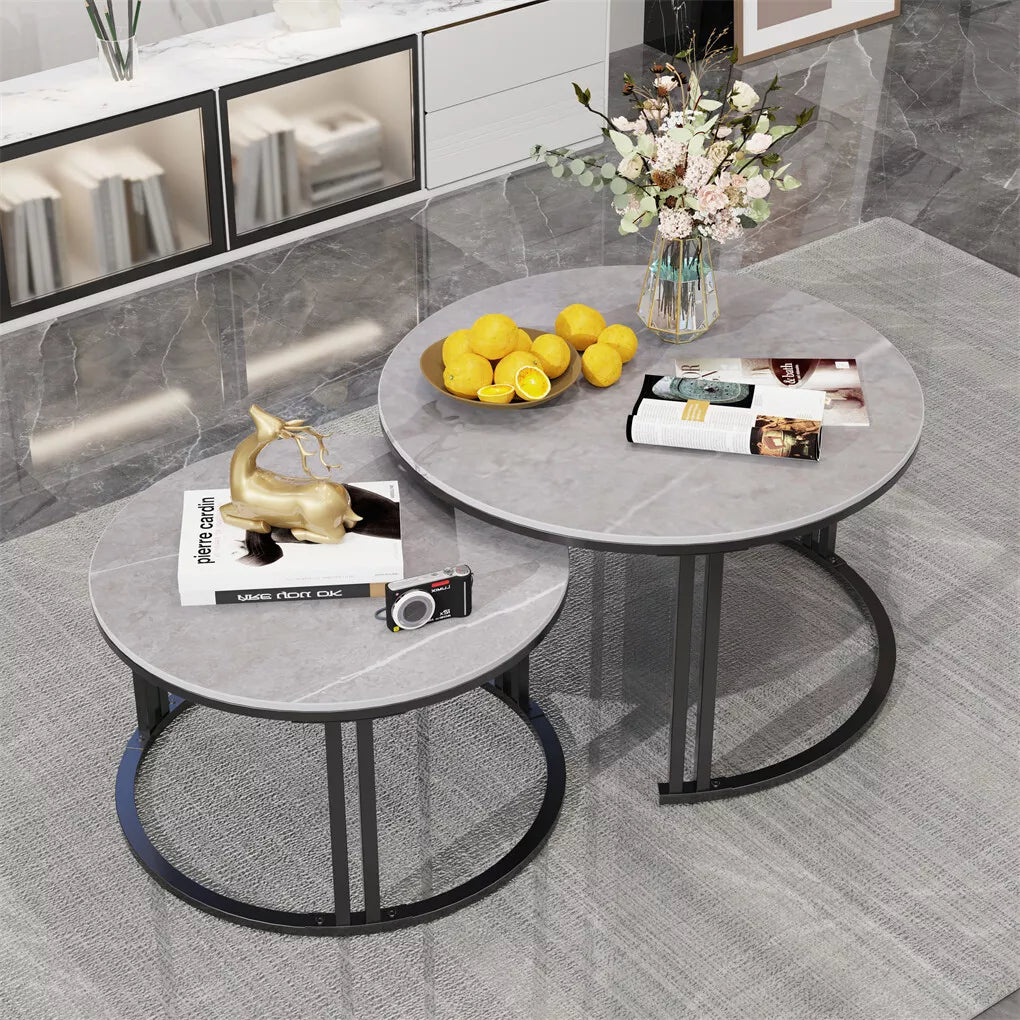 2PCS Round Marble Nesting Tables with Dual Thickened Legs – Stylish & Stable Accent Set