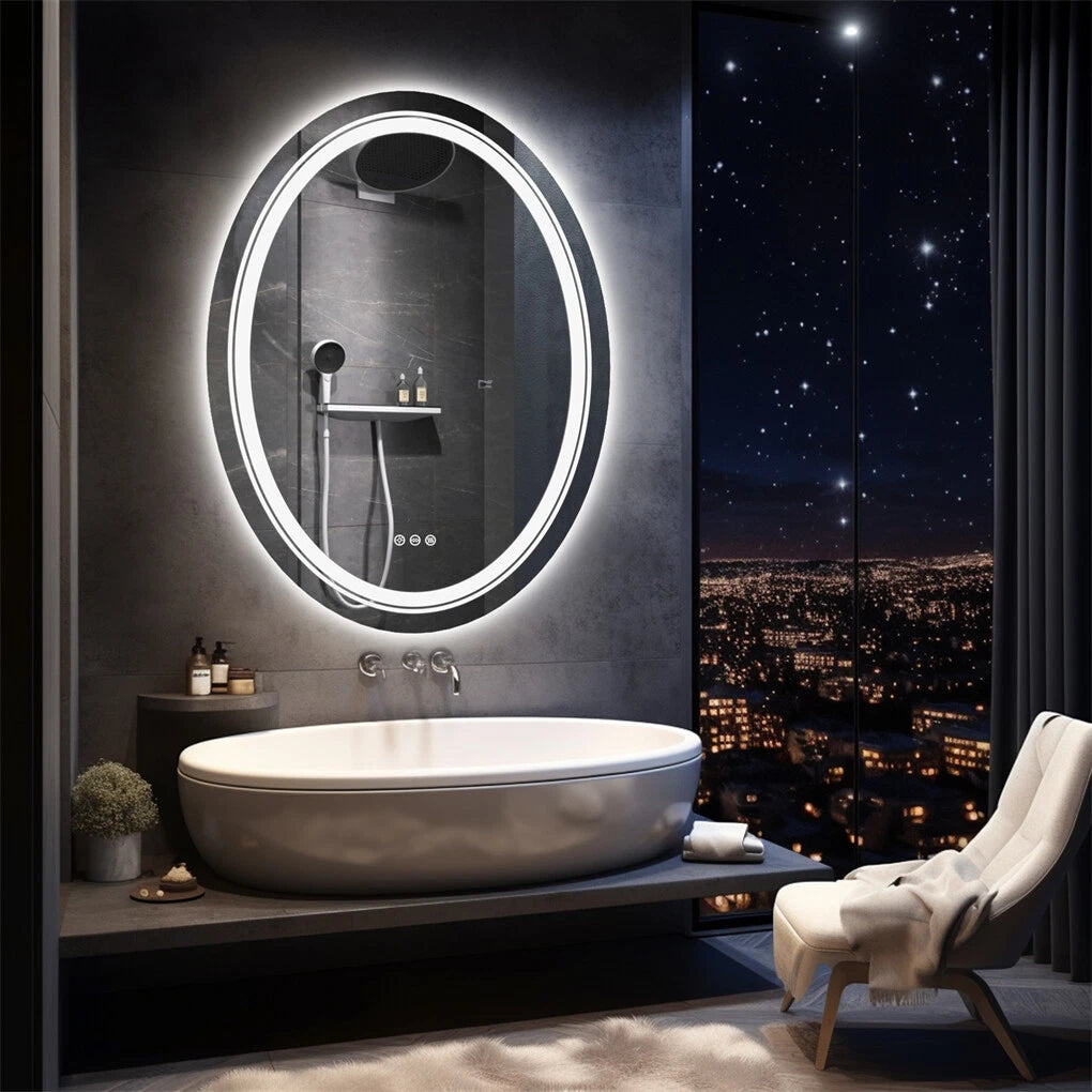 Dual Illuminated LED Oval Bathroom Mirror Anti-Fog Makeup Vanity Mirror with Front & Back Lights, Dimmable Touch Control, IP44 Waterproof
