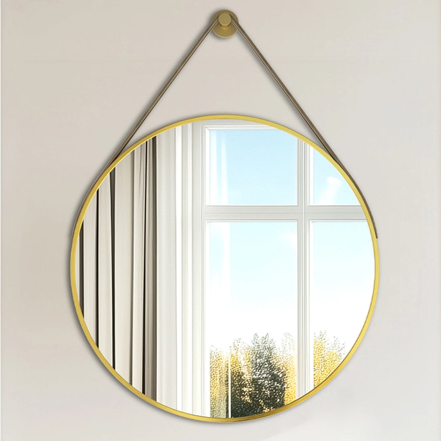 Round Wall Mirror with Leather Strap, Brushed Gold Metal Frame Makeup Vanity Mirror for Bathroom, Living Room, Entryway, Bedroom
