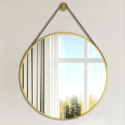 Round Wall Mirror with Leather Strap, Brushed Gold Metal Frame Makeup Vanity Mirror for Bathroom, Living Room, Entryway, Bedroom