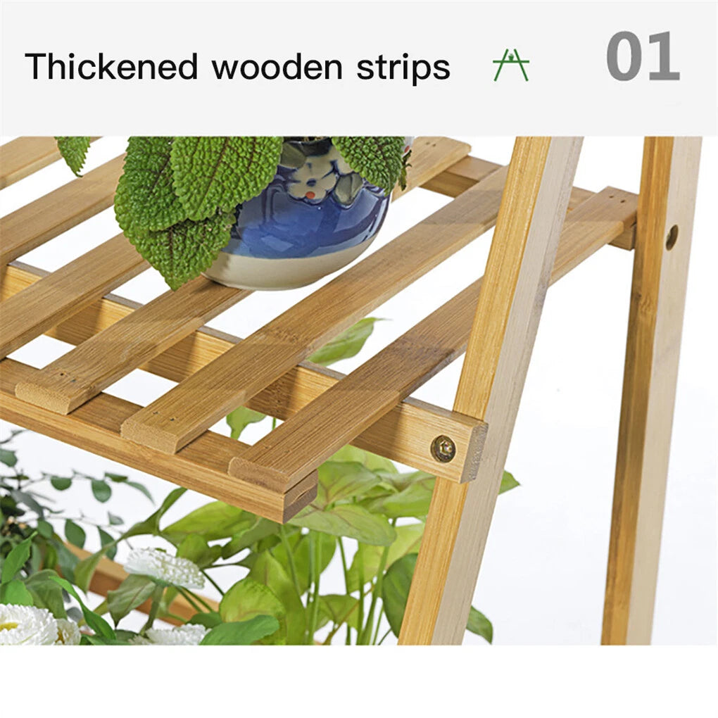 3 Tier Bamboo Plant Stand Folding Ladder Shelf with Hanging Rack, Space-Saving Flower Pot Display Stand for Indoor & Outdoor Garden Decor