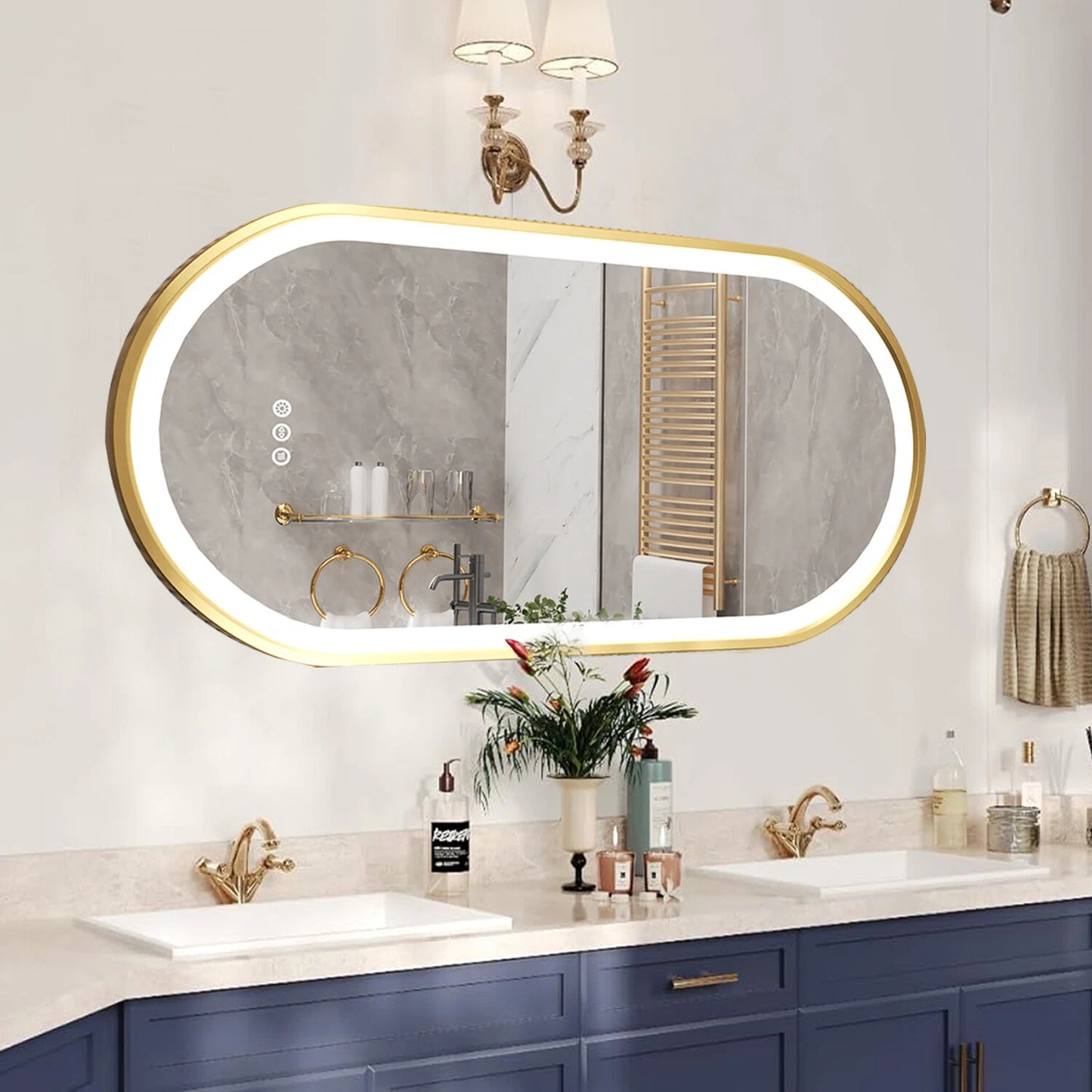 Oval LED Bathroom Mirror with Lights Luxury Gold Frame Anti-Fog Dimmable Wall Mirror, 3 Color Modes & Memory Function