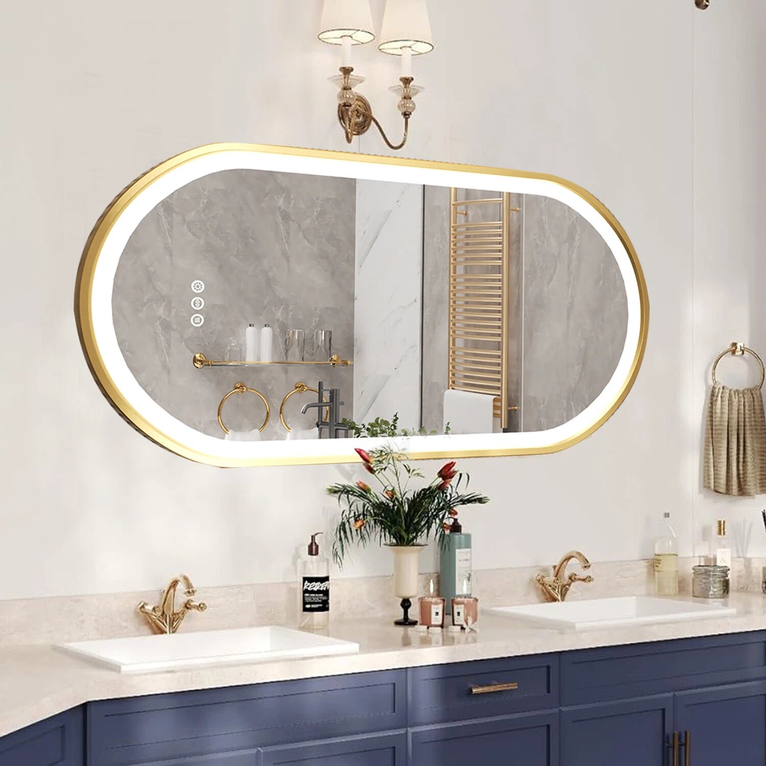 Oval LED Bathroom Mirror with Lights Luxury Gold Frame Anti-Fog Dimmable Wall Mirror, 3 Color Modes & Memory Function