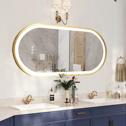 Oval LED Bathroom Mirror with Lights Luxury Gold Frame Anti-Fog Dimmable Wall Mirror, 3 Color Modes & Memory Function