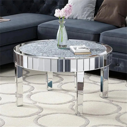 Silver Mirrored Round Coffee Table with Sparkling Crushed Diamond Detail