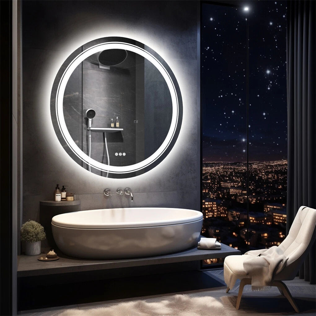 Round LED Bathroom Mirror with Dimmable Light and Anti-Fog Function