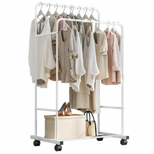 P&P Heavy Duty Double Clothes Rail Rack Garment Hanging Display Stand 4 Wheel Armoir