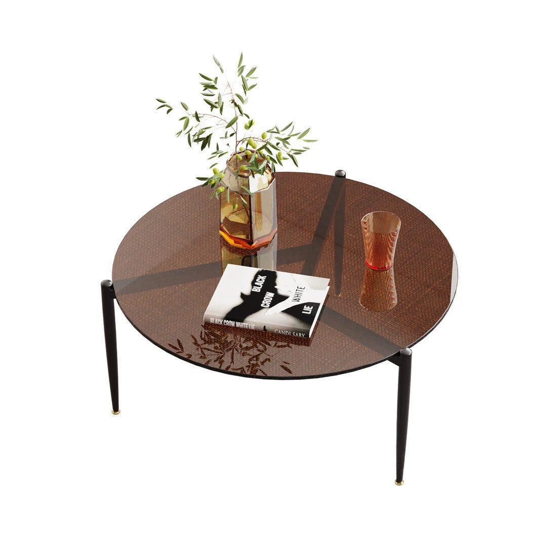 Glass Round Coffee Table with Metal Frame - Brown
