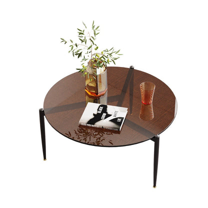 Glass Round Coffee Table with Metal Frame - Brown