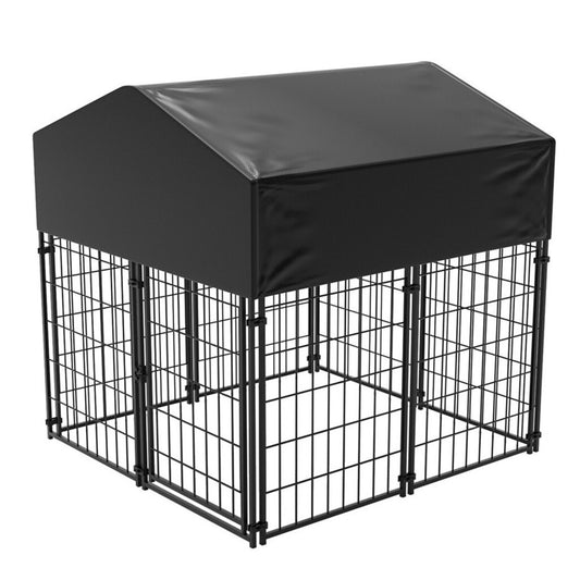 P&P Black Powder Coat Steel Frame Dog Kennel Pet Playpen Enclosure Dog House w Roof
