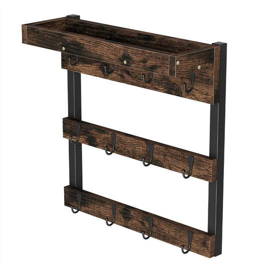 P&P Heavy Duty Wall Mount Coffee Teacup Mug Rack Wood 12 Hook Holder Display Storage