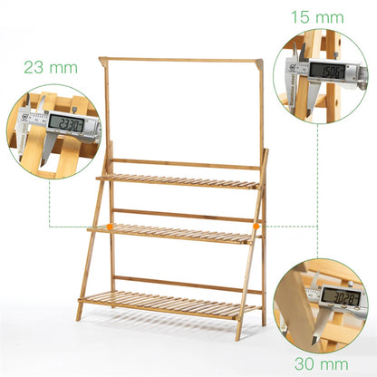 3 Tier Bamboo Plant Stand Folding Ladder Shelf with Hanging Rack, Space-Saving Flower Pot Display Stand for Indoor & Outdoor Garden Decor
