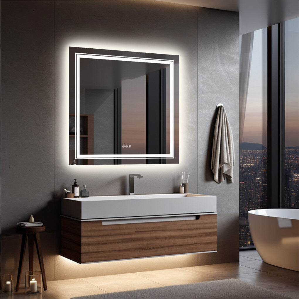 Large Square Wall Mount Smart Led Bathroom Mirror Anti Fog Backlit Vanity Mirror