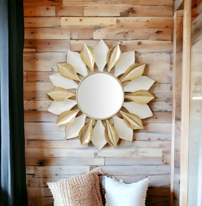 Gold Round Metal and Glass Wall Mirror with Elegant Pattern for Home Decor