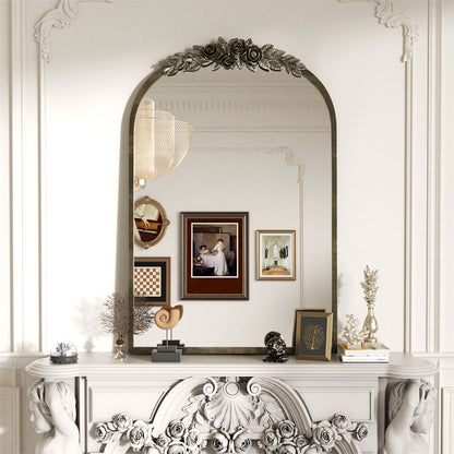 P&P Vintage Baroque Decorative Mirror Arched Antique Brass Wall Mirror Entryway Deco