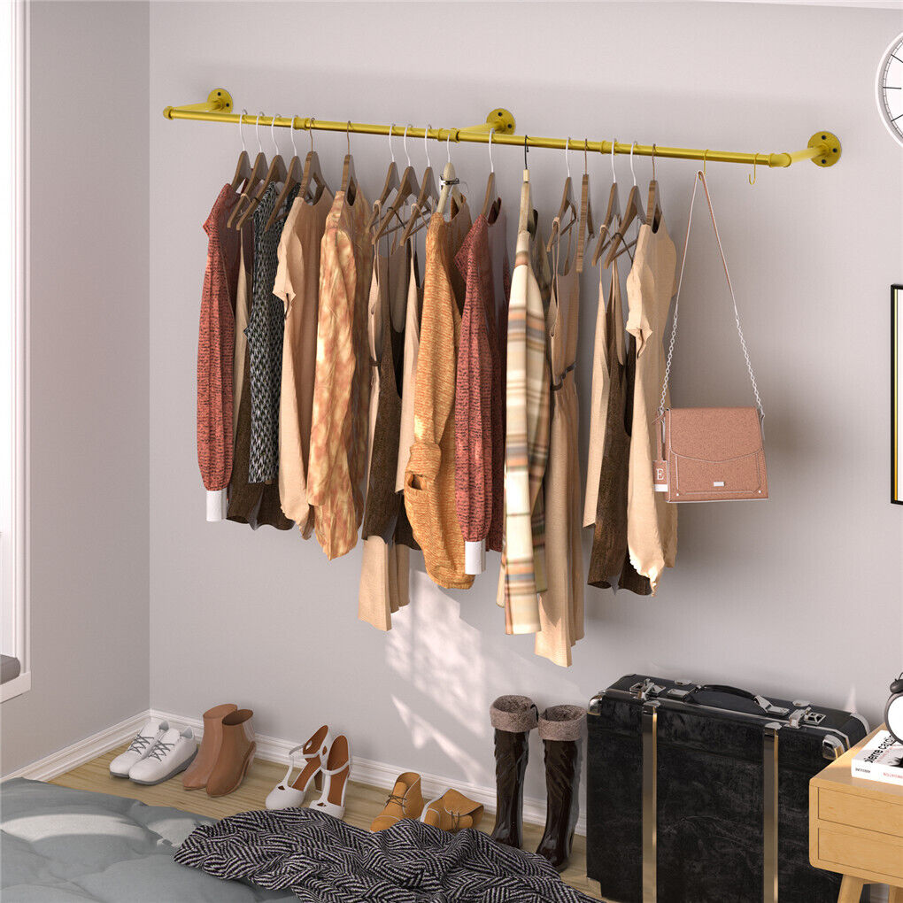P&P Heavy Duty Clothes Rack Wall Mounted Hanging Garment Rack Gold Metal Closet Rod