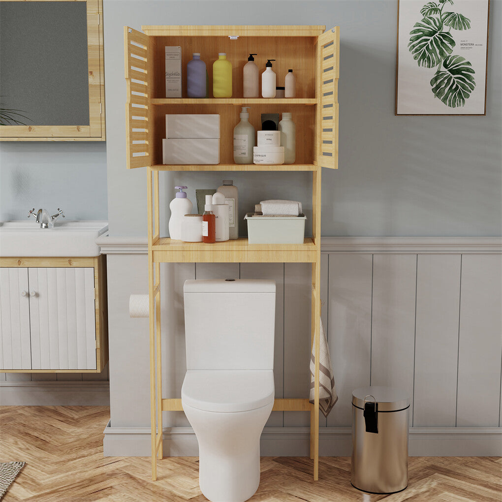 P&P 4-Tier Bamboo Bathroom Toilet Storage Rack Space-saving Open Shelf & Cabinet