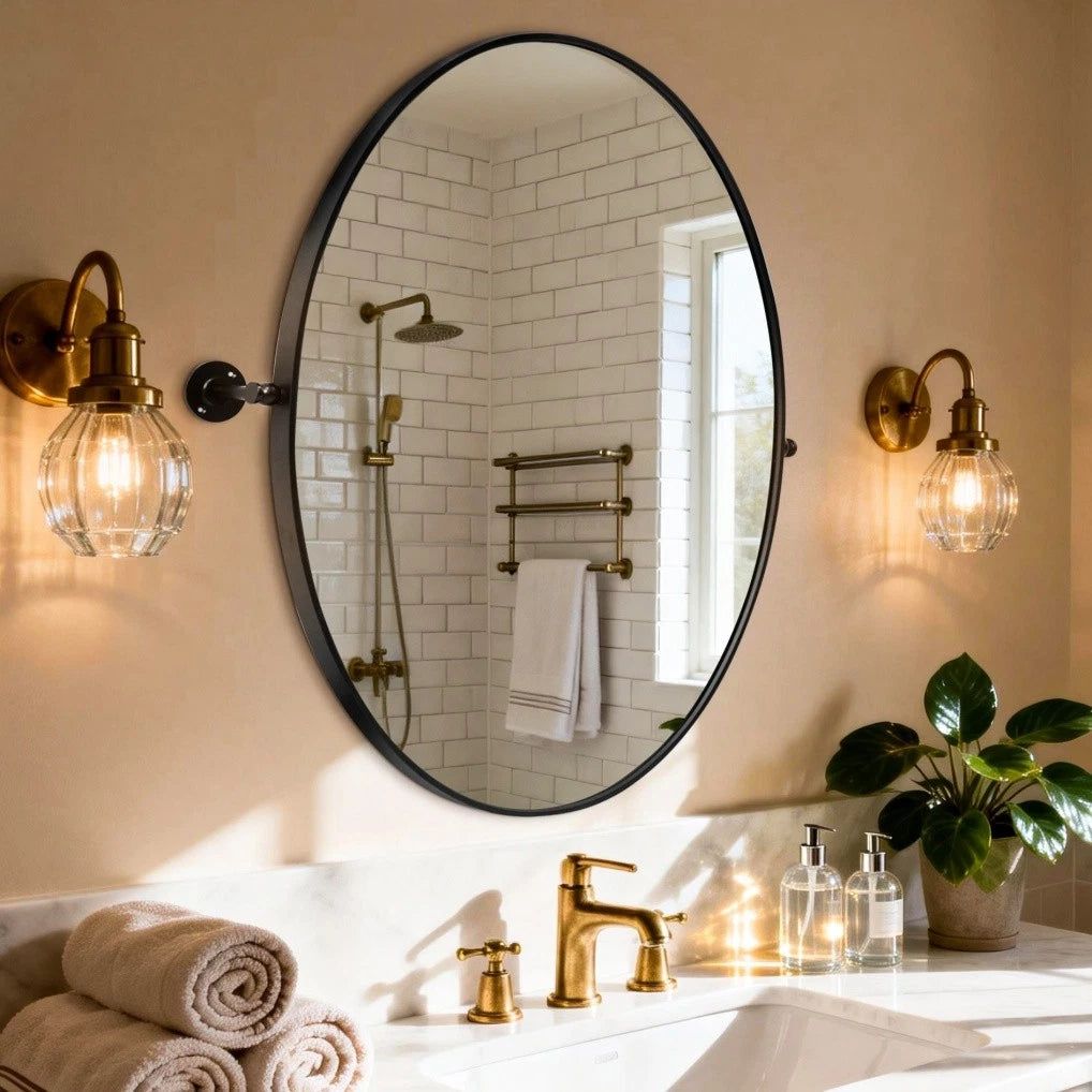 Matte Black Pivot Oval Wall Mirror - Tilting Bathroom Mirror (Horizontal / Vertical)