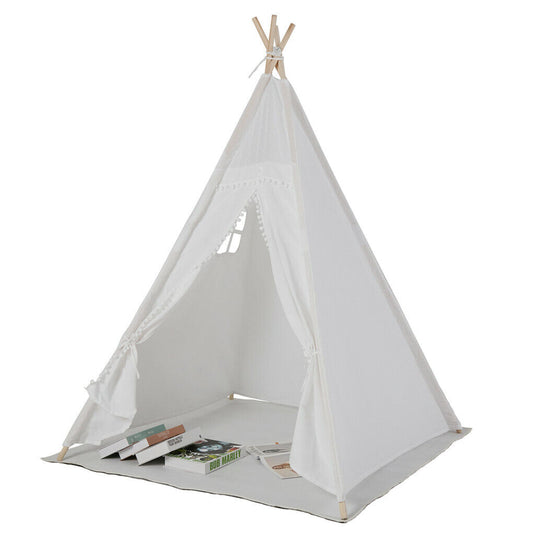P&P Foldable Teepee Tent + Mat Boho Tent Childrens Wigwam Play Tent for Kids