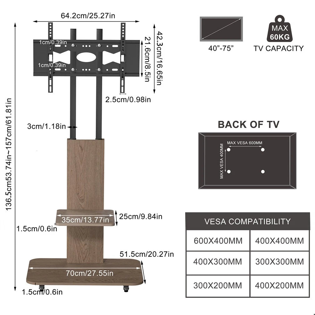 40-75 Inch Floor TV Stand with Height Adjustment & 2 Storage Shelves, Rolling Free-Standing TV Mount Bracket with Tilt, Black Steel Frame & Walnut Wood Base, Fits VESA 300�200 to 600�400mm