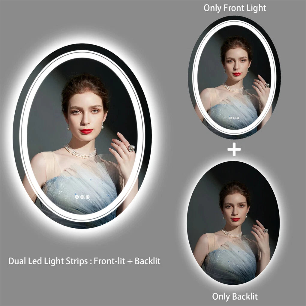 Dual Illuminated LED Oval Bathroom Mirror Anti-Fog Makeup Vanity Mirror with Front & Back Lights, Dimmable Touch Control, IP44 Waterproof