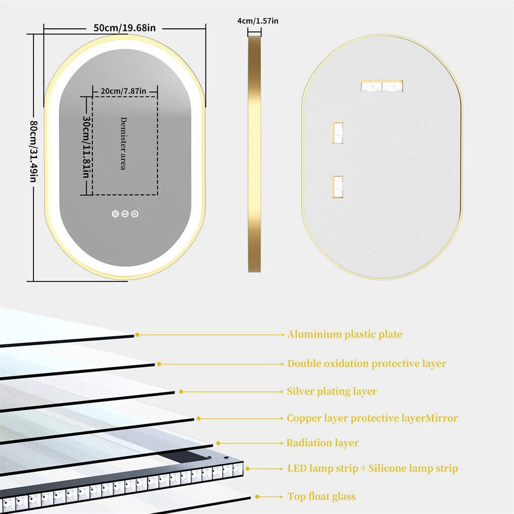 Oval LED Bathroom Mirror with Lights Luxury Gold Frame Anti-Fog Dimmable Wall Mirror, 3 Color Modes & Memory Function