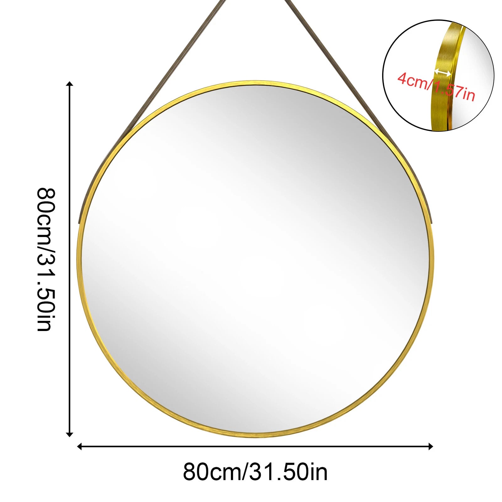 Round Wall Mirror with Leather Strap, Brushed Gold Metal Frame Makeup Vanity Mirror for Bathroom, Living Room, Entryway, Bedroom