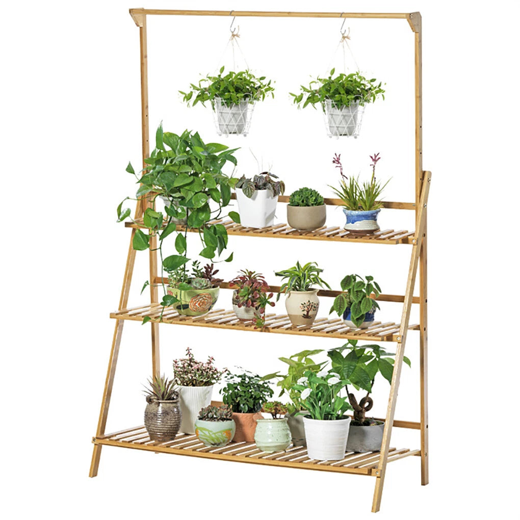 3 Tier Bamboo Plant Stand Folding Ladder Shelf with Hanging Rack, Space-Saving Flower Pot Display Stand for Indoor & Outdoor Garden Decor