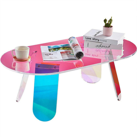 P&P Colorful Acrylic Coffee Table Iridescent Glass End Side Table Oval Accent Table
