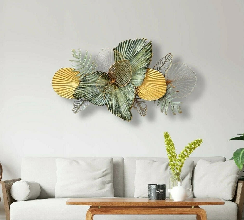 Gold and Green Leaf Metal Wall Art for Elegant Botanical Home Decoration
