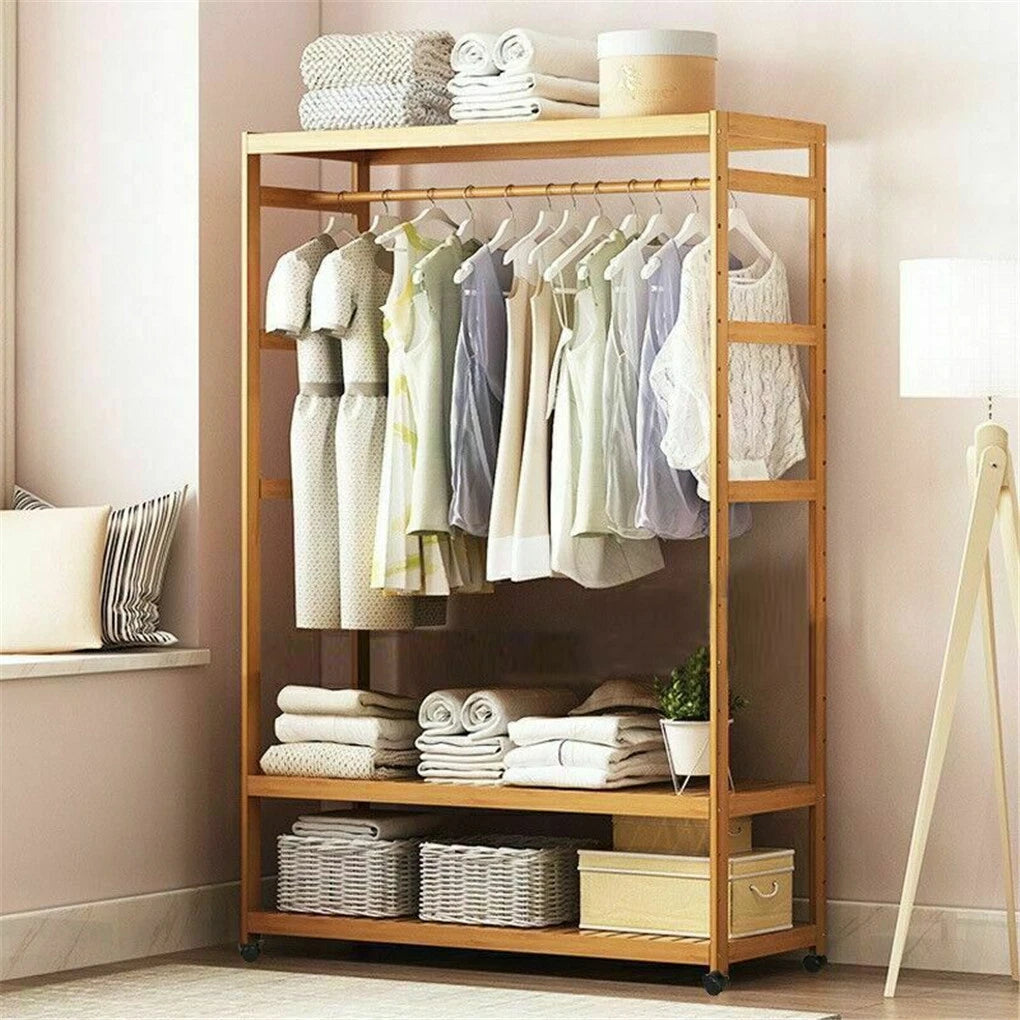 3 Tier Clothes Rack Heavy Duty Wood Garment Shelves Rolling Wheels Side Hooks AU
