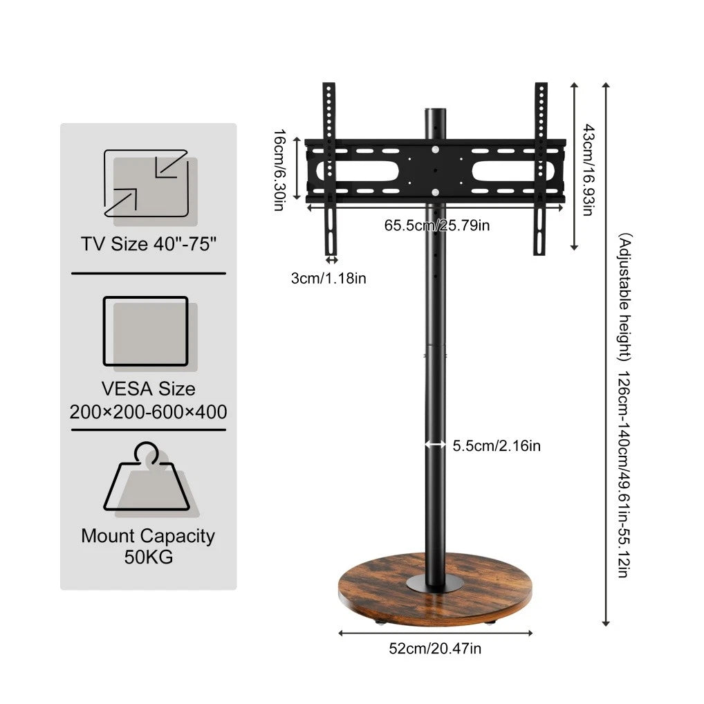 Rolling TV Cart for 40-75 Inch TVs Mobile Floor Stand with Wheels Black 50kg Capacity