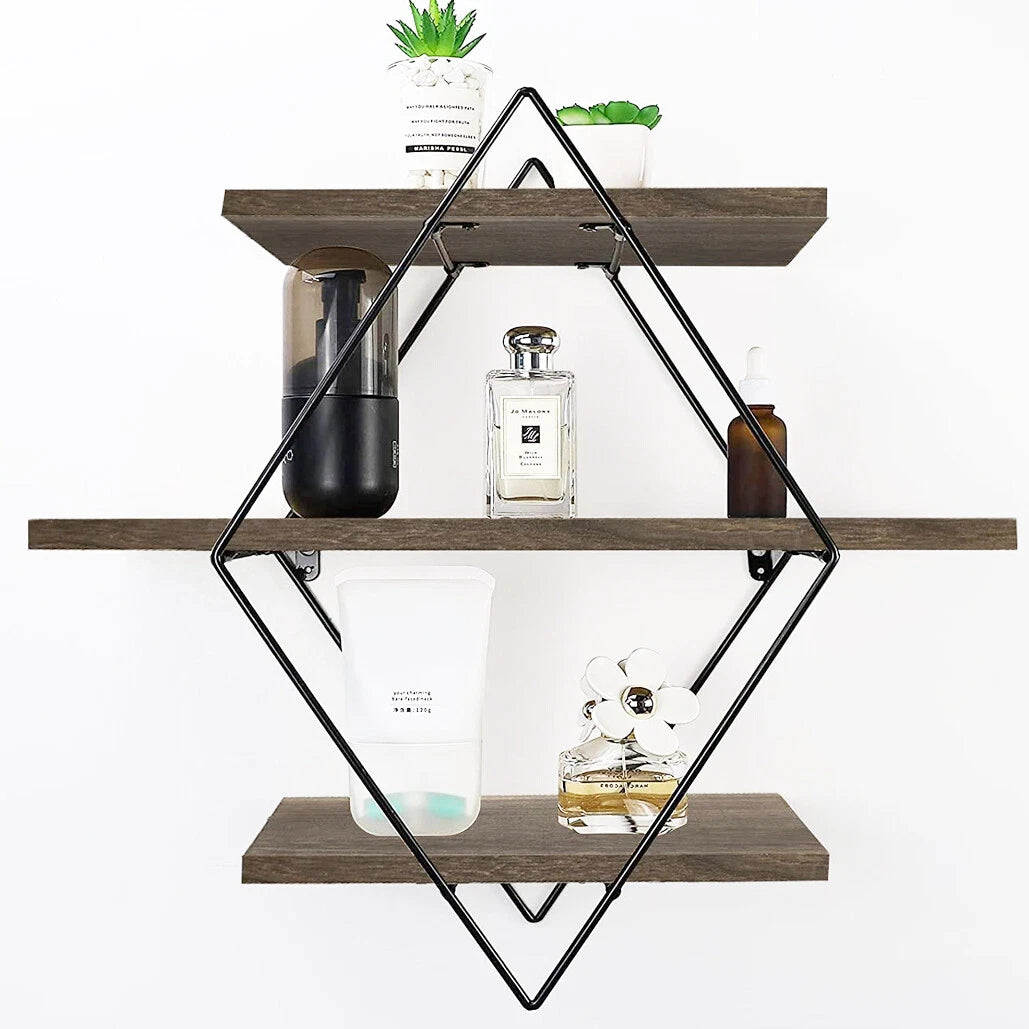 Diamond Style Floating Metal Shelf with 3 Tiers for Wall Storage