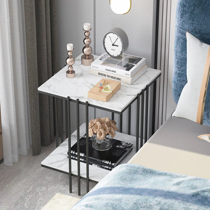 Black Frame 2-Tier Side Table With White Sintered Stone Square Top