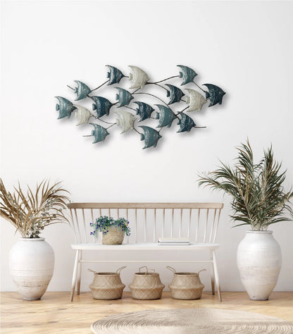 Blue and Gold 120cm Angel Fish Coastal-Themed Metal Wall Art for Living Rooms, Hallways, or Outdoors