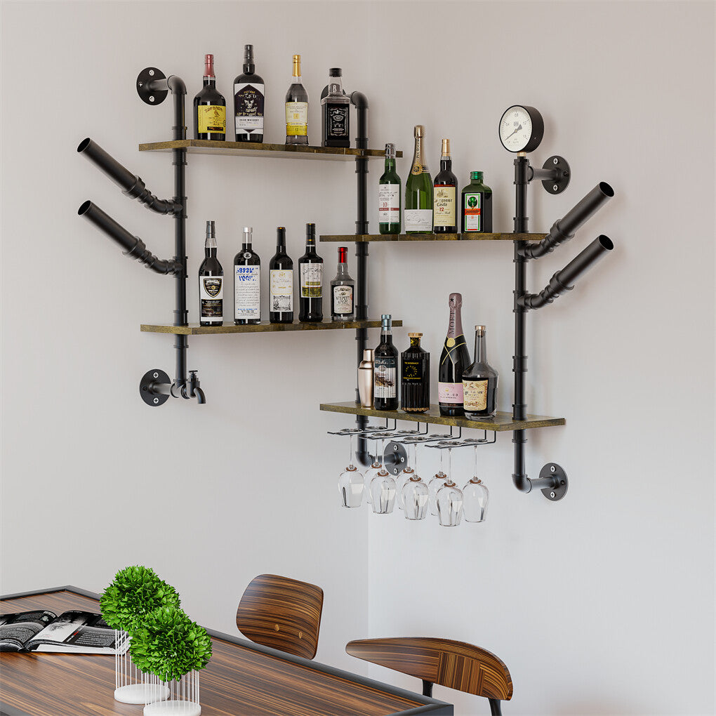 P&P Industrial Pipe Bar Wall Liquor Shelf Floating Shelves with Wine Glass Holder