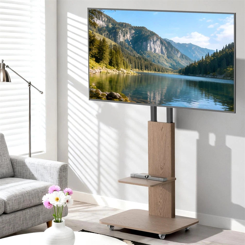40-75 Inch Floor TV Stand with Height Adjustment & 2 Storage Shelves, Rolling Free-Standing TV Mount Bracket with Tilt, Black Steel Frame & Walnut Wood Base, Fits VESA 300�200 to 600�400mm