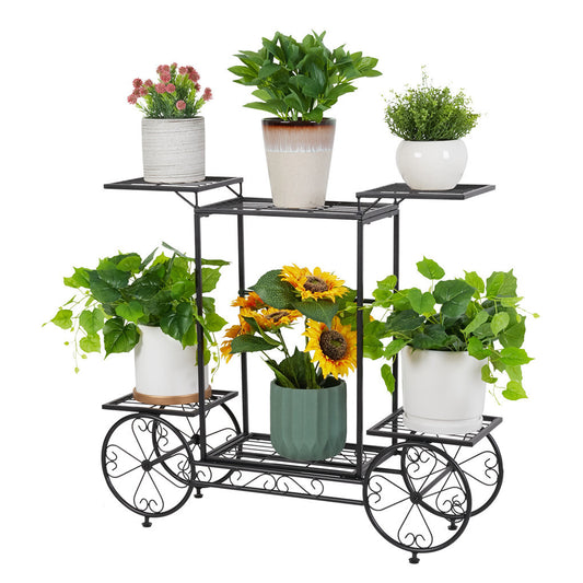 P&P Flower Cart Metal Garden Plant Stand with 4 Decorative Wheels for Indoor Outdoor