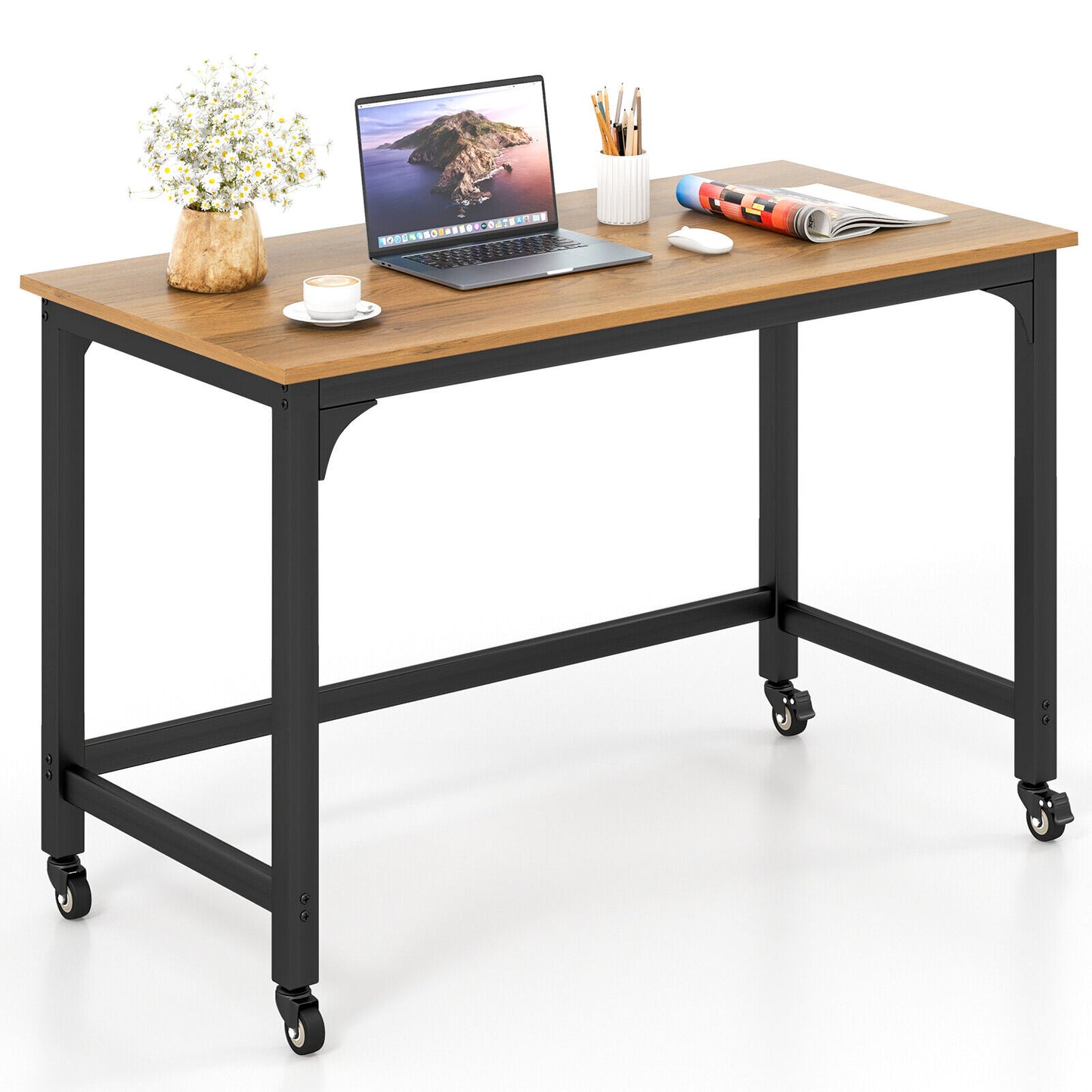 Rolling Computer Desk with Metal Frame – PC Laptop Table, Wooden Study Workstation