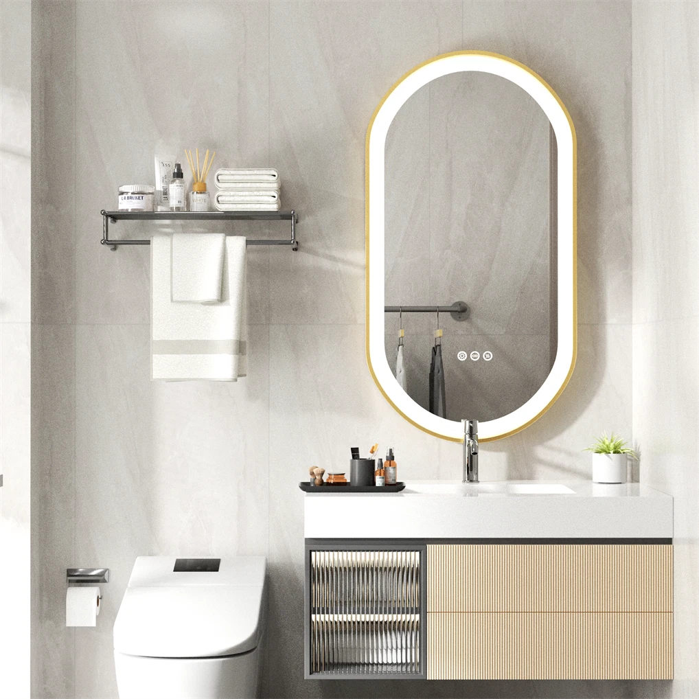 Oval LED Bathroom Mirror with Lights Luxury Gold Frame Anti-Fog Dimmable Wall Mirror, 3 Color Modes & Memory Function