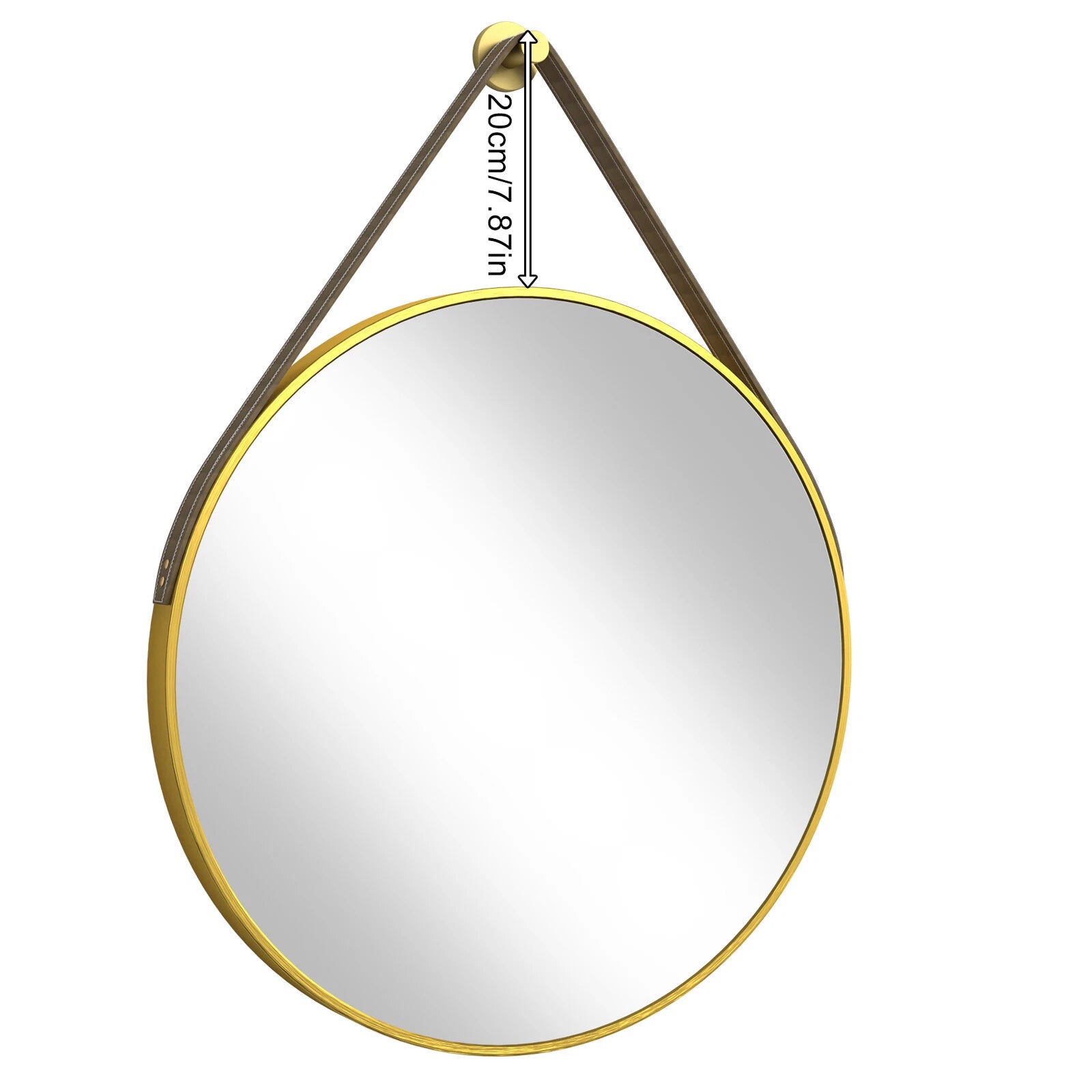Round Wall Mirror with Leather Strap, Brushed Gold Metal Frame Makeup Vanity Mirror for Bathroom, Living Room, Entryway, Bedroom