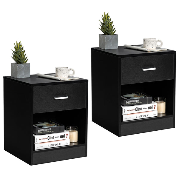 Nightstand Set of 2 — Black Bedside Tables with Drawer