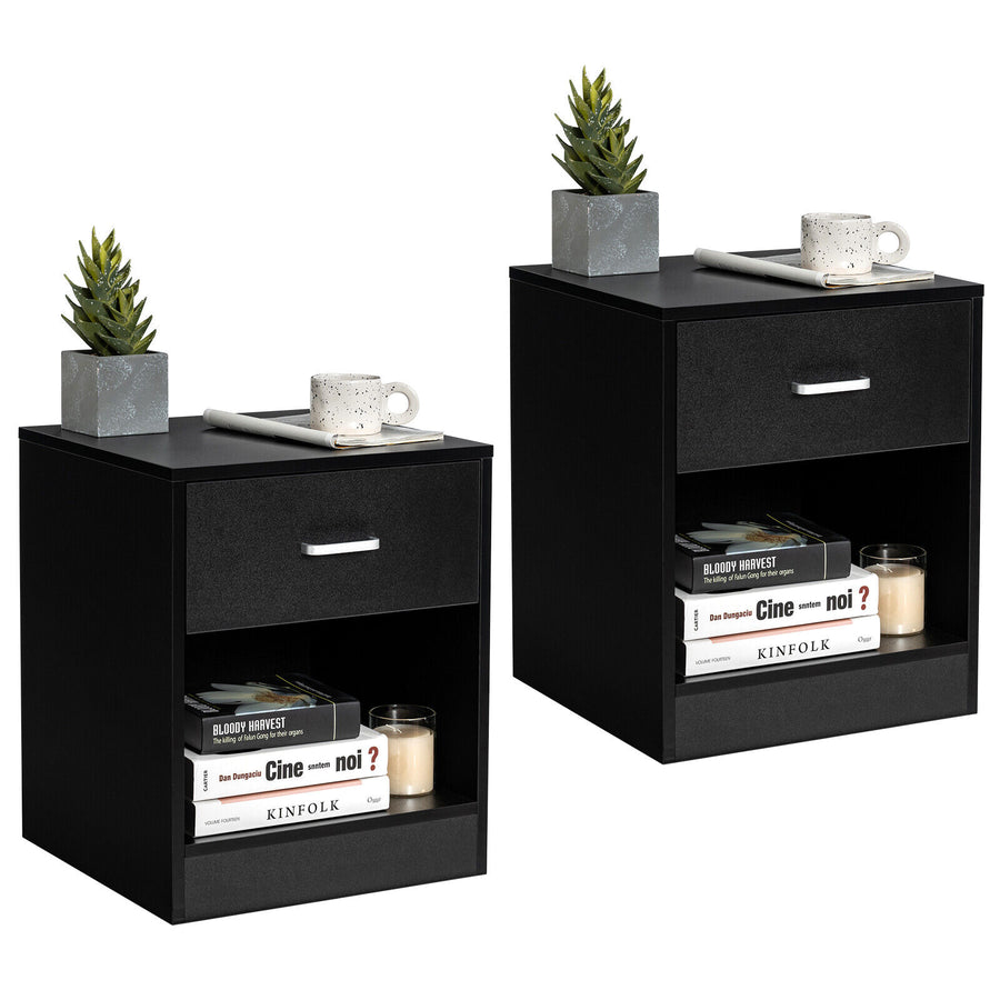 Nightstand Set of 2 — Black Bedside Tables with Drawer