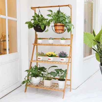 3 Tier Bamboo Plant Stand Folding Ladder Shelf with Hanging Rack - Indoor Outdoor Flower Pot Display Stand Natural Wood