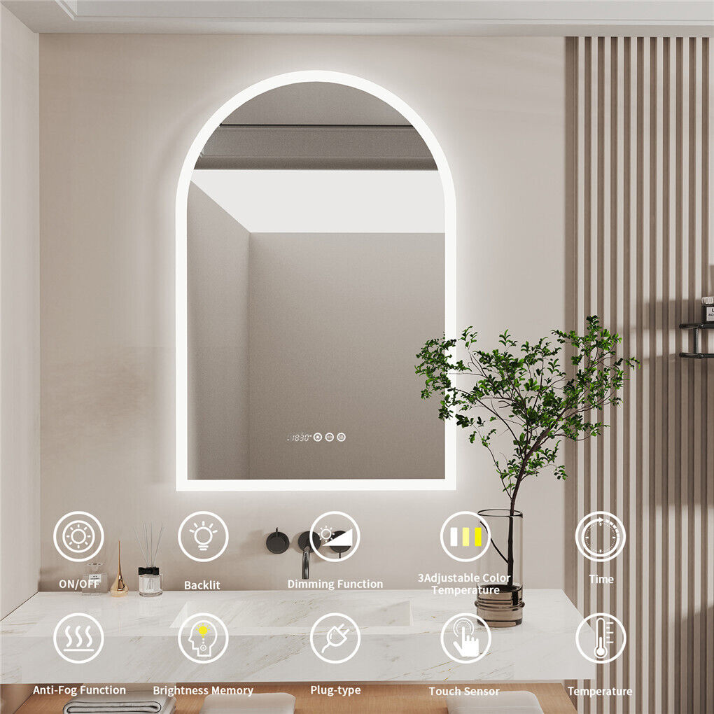Arch Dimmable Led Bathroom Vanity Mirror w Antifog Temperature Date Time Display